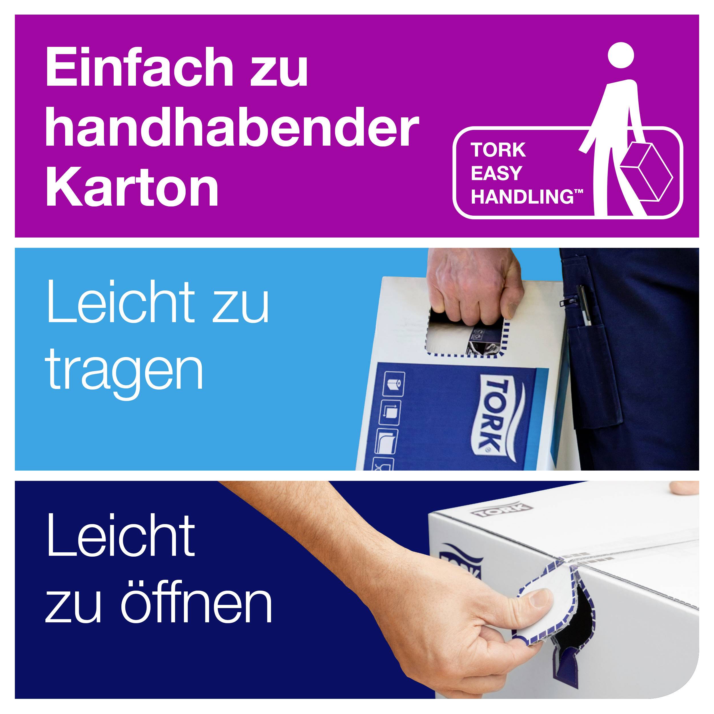 'Einfache Handhabung von Kartons: leicht zu tragen, leicht zu öffnen. Zwei Bilder zeigen den Transport und das Öffnen von Kartons.'