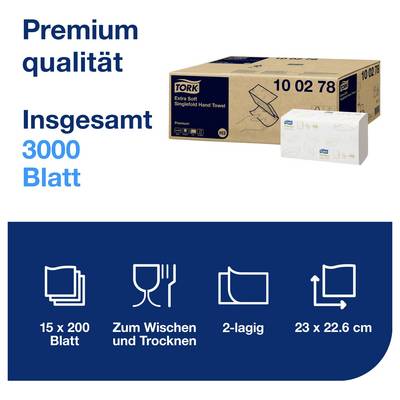 Werbegrafik für TORK Premium-Papiertücher: insgesamt 3000 Blatt, 2-lagig, 15 x 200 Blatt, zum Wischen und Trocknen, 23 x 22,6 cm.