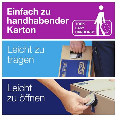 Werbegrafik zu TORK Easy Handling: leicht zu tragender und leicht zu öffnender Karton, mit Tragegriff und Aufreißlasche.<br>