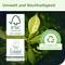 'Umwelt und Nachhaltigkeit' steht über Logos. Links: 'FSC', Baumsymbol. Mitte: Blätter. Rechts: Recycling-Symbol, 'At least 30% recycled plastic'.