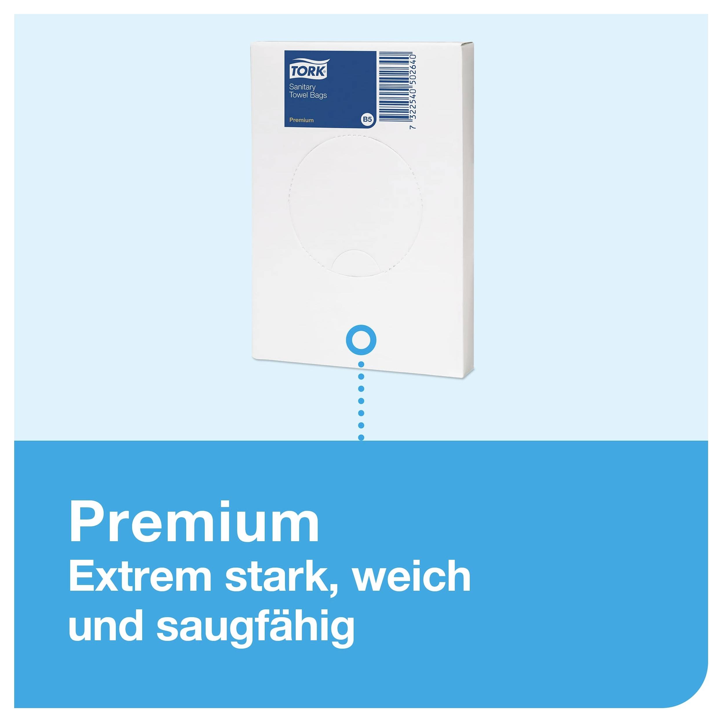 Verpackung für Tork Sanitär-Handtuchbeutel; Text: 'Premium – Extrem stark, weich und saugfähig' auf blauem Hintergrund.