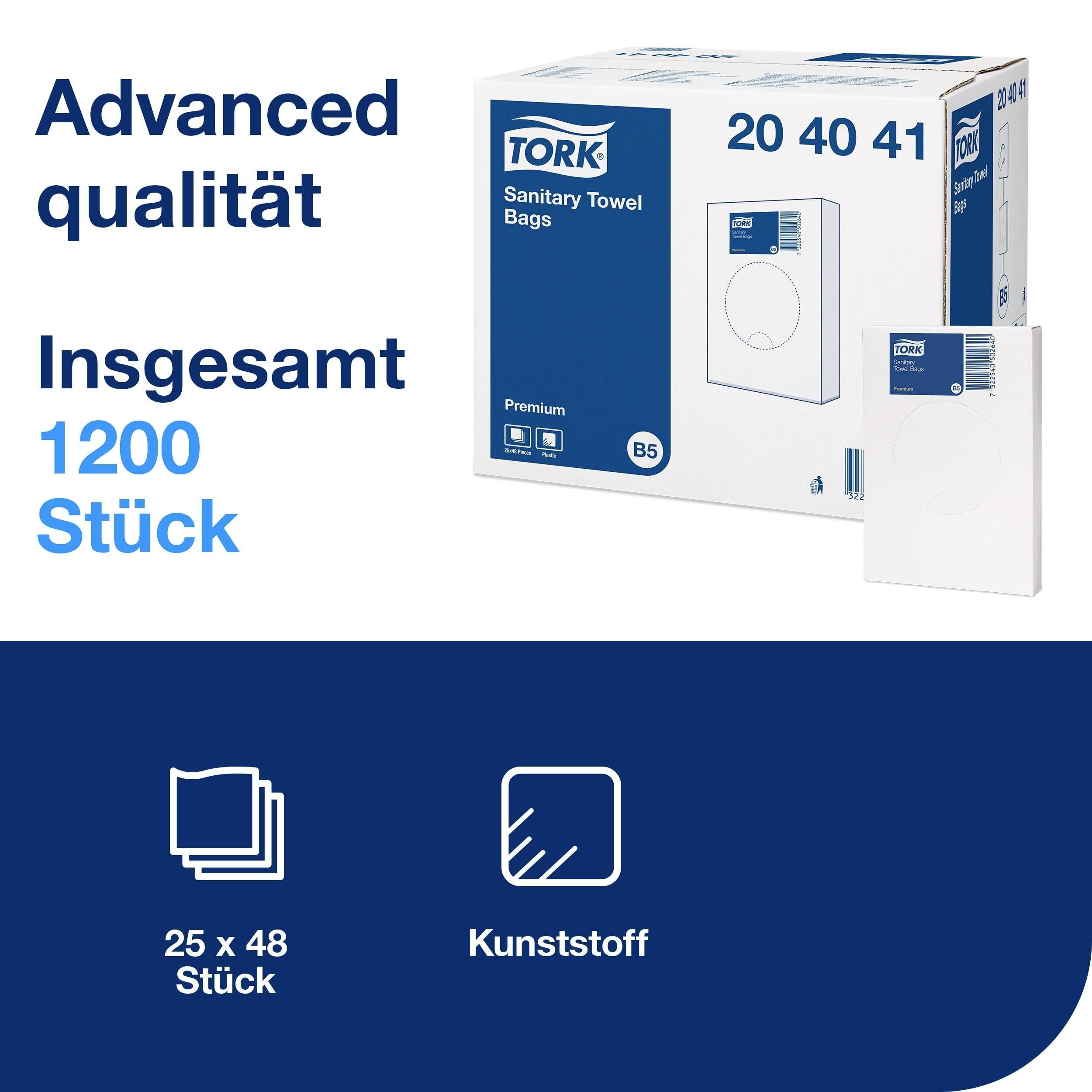 'Verpackung von Tork Sanitary Towel Bags, zeigt 20 40 41, enthält insgesamt 1200 Stück, 25 x 48 Stück pro Packung, aus Kunststoff.'