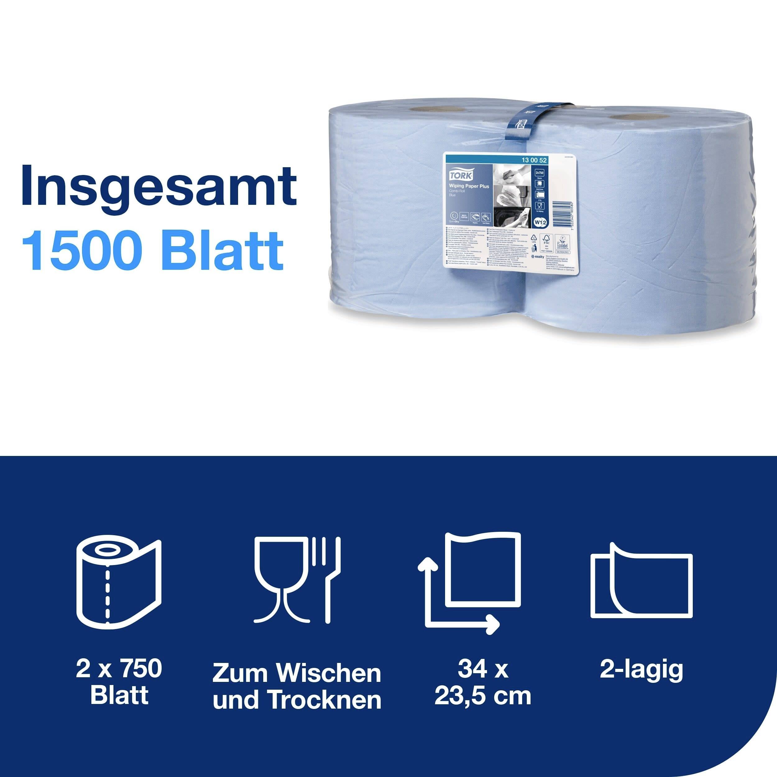 Rolle mit 1500 blauen Papierblättern, aufgeteilt in zwei Lagen. Geeignet zum Wischen und Trocknen, Maße 34 x 23,5 cm pro Blatt.