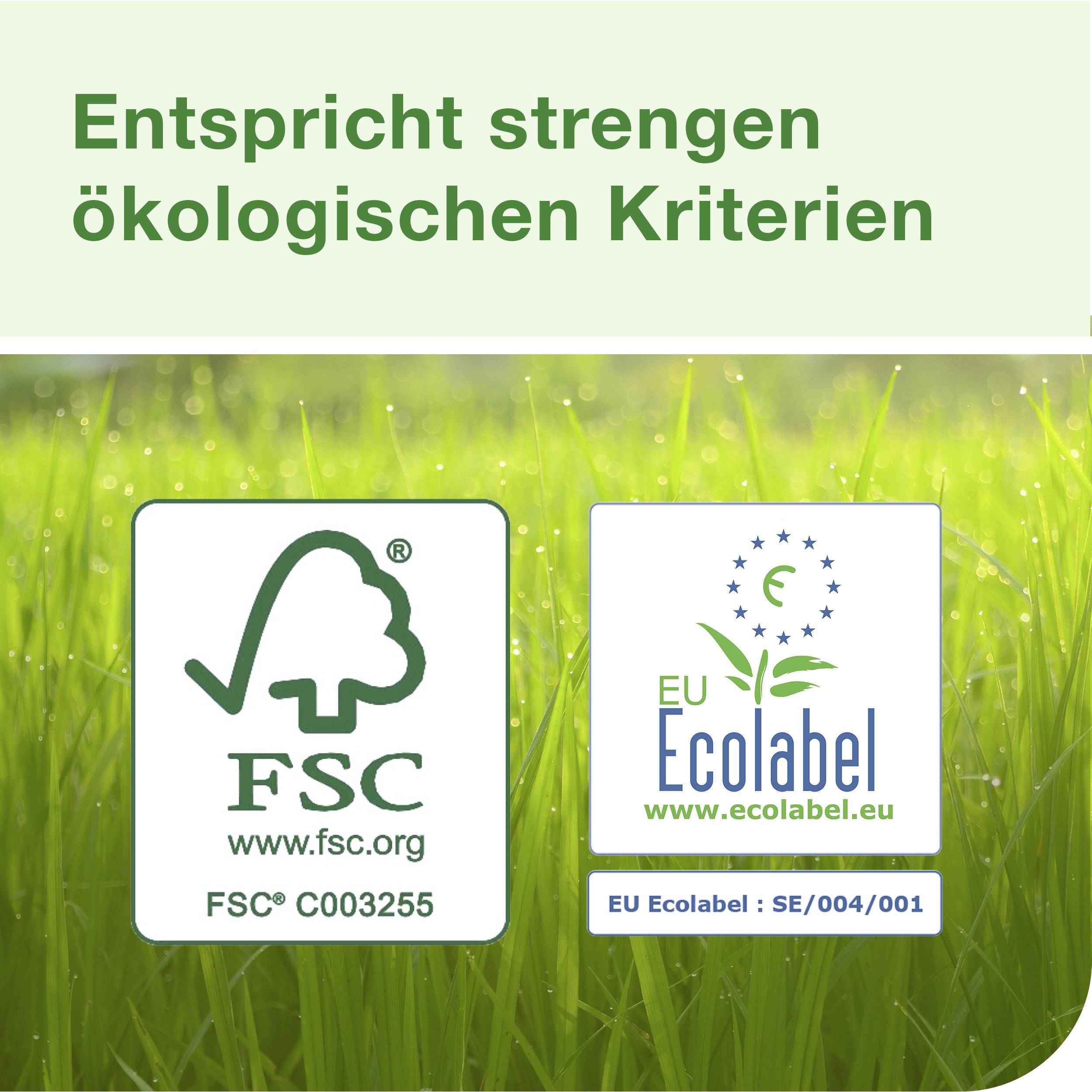 'Entspricht strengen ökologischen Kriterien' über FSC- und EU Ecolabel-Logos, die auf nachhaltige Forstwirtschaft und Umweltfreundlichkeit hinweisen.