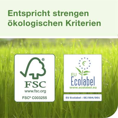 Das Bild zeigt zwei Umweltzeichen: FSC und EU Ecolabel. Darüber steht 'Entspricht strengen ökologischen Kriterien'. Im Hintergrund ist grünes Gras.