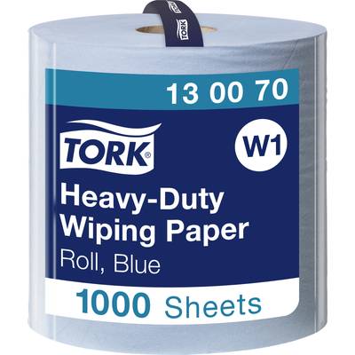 Eine Rolle blaues, strapazierfähiges Tork-Wischtuch. Aufschrift auf der Verpackung: 'Heavy-Duty Wiping Paper, Roll, Blue, 1000 Sheets, W1, 13 00 70'.