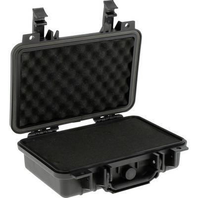 Eine kleine, schwarze Schutzbox aus hartem Material mit Schaumstoffpolsterung im Inneren, geöffnet, um das Innenleben zu zeigen, konzipiert zum sicheren Aufbewahren empfindlicher Gegenstände.