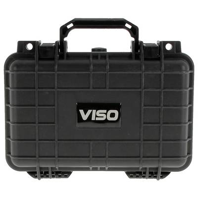 Ein schwarzer Hartschalenkoffer mit Griff, mit der Aufschrift "VISO", mit einer Gitterstruktur für Langlebigkeit.