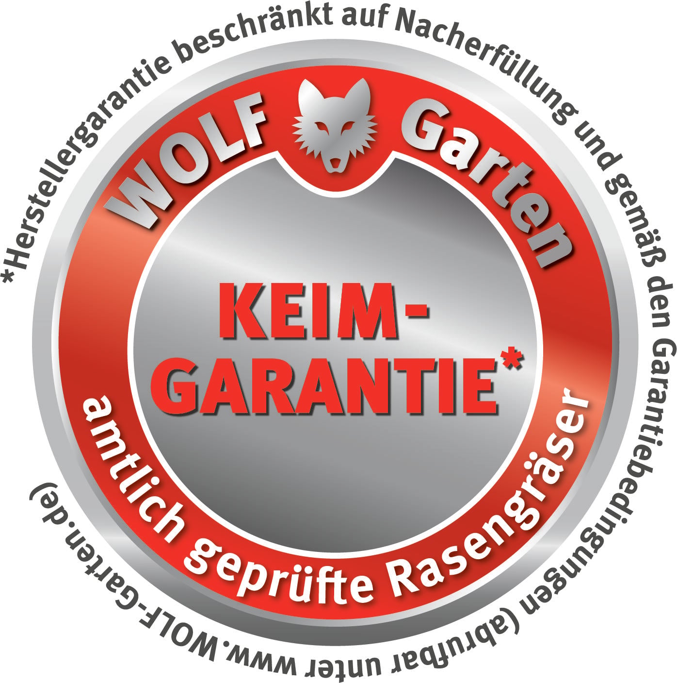'WOLF Garten KEIM-GARANTIE' zeigt ein Siegel mit einem Wolf-Logo, umgeben von Text über eine Keimgarantie für Rasengräser.