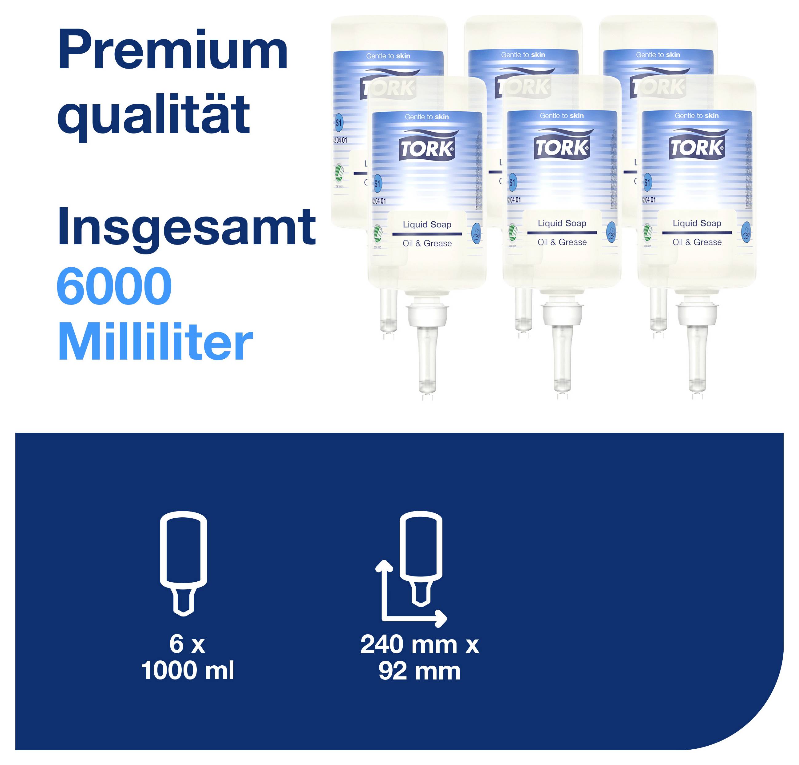 Tork Flüssigseifen-Spendersystem: Premiumqualität, insgesamt 6000 Milliliter; sechs 1000-ml-Flaschen, Abmessung 240 x 92 mm.