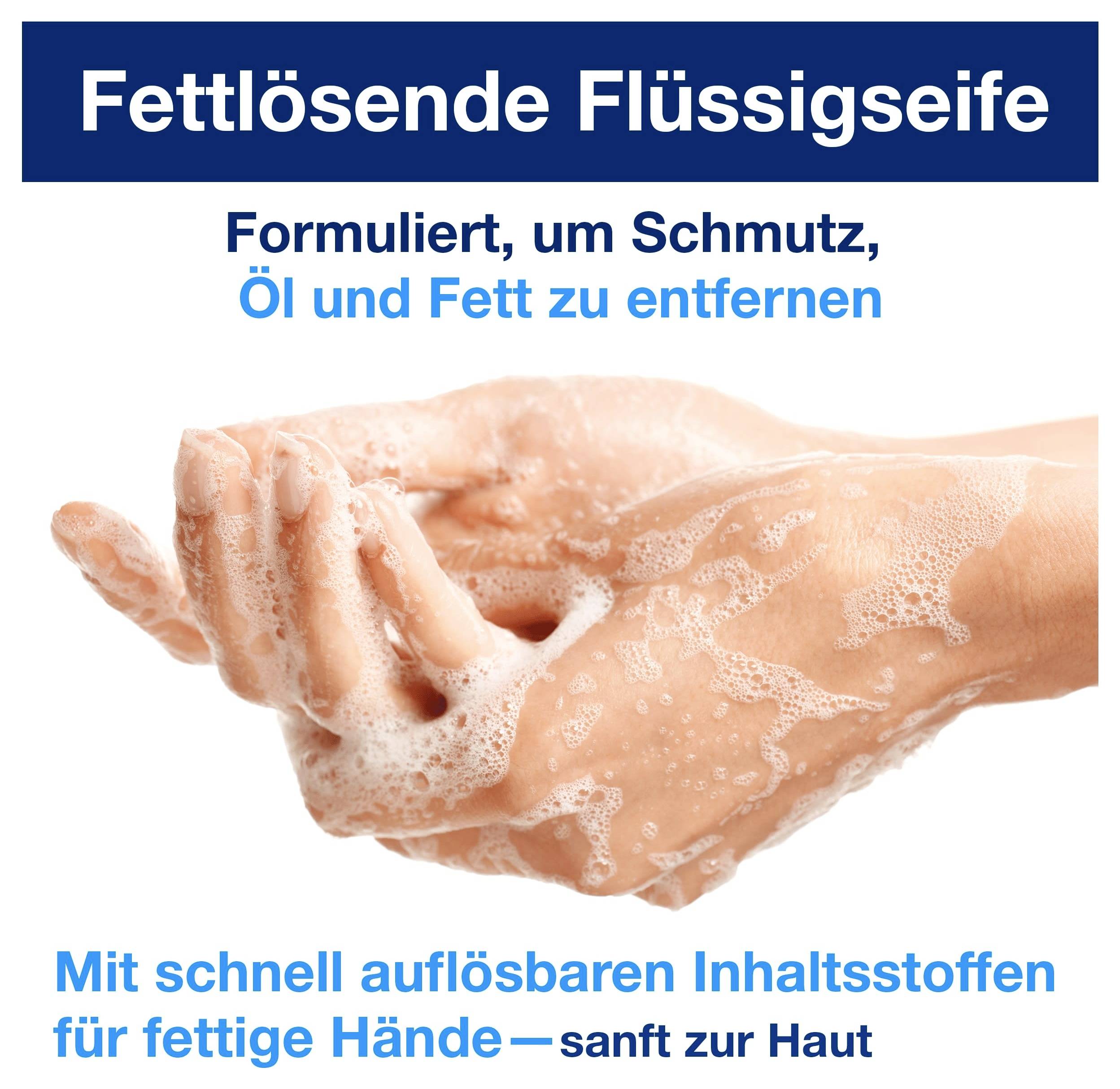 Werbung für Fettlösende Flüssigseife: schäumende Hände, die Schmutz, Öl und Fett entfernen; mit schnell auflösbaren Inhaltsstoffen für fettige Hände.