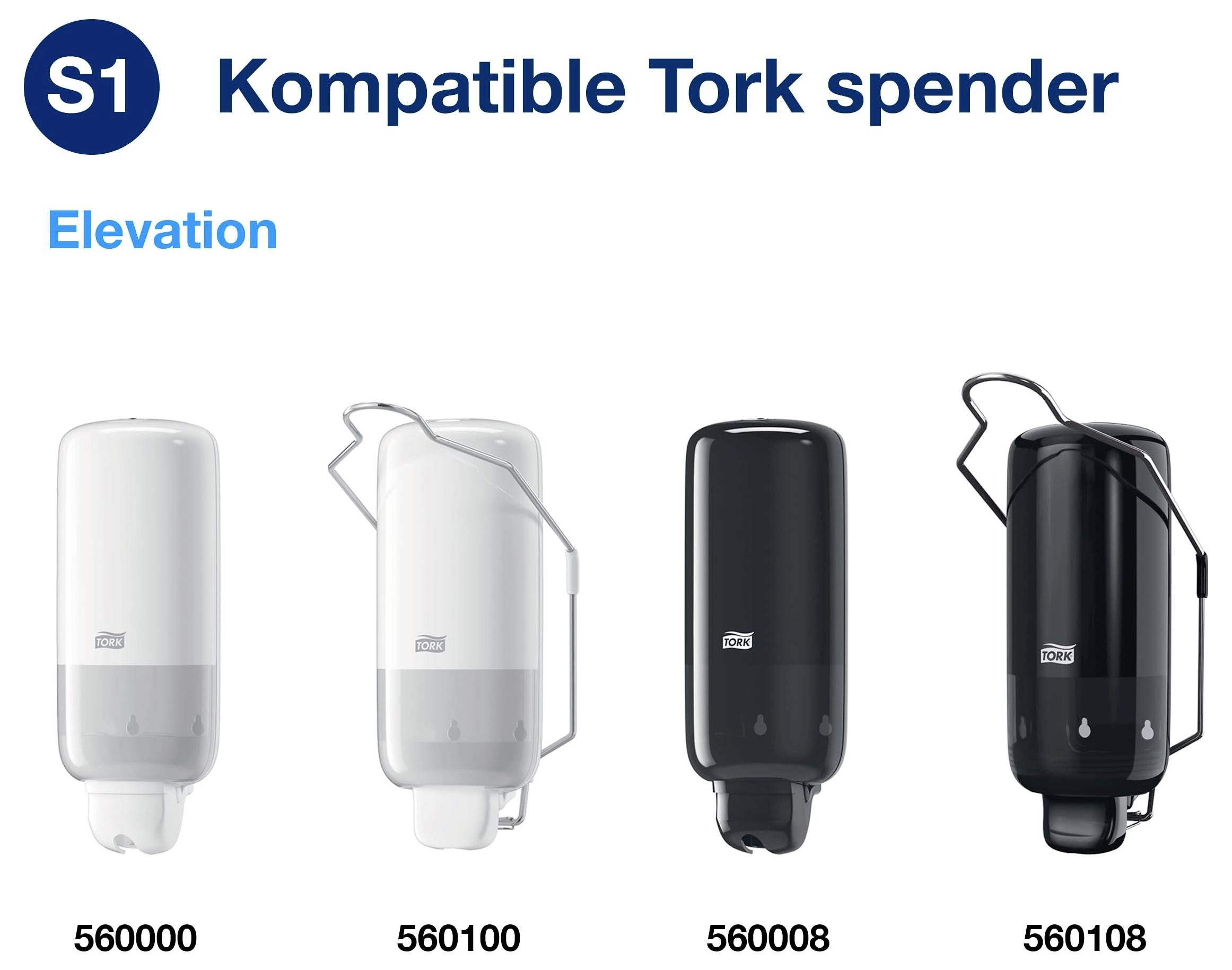 Vier kompatible Tork-Seifenspender in Weiß und Schwarz, frontale Ansicht mit den Modellnummern 560000, 560100, 560008 und 560108.