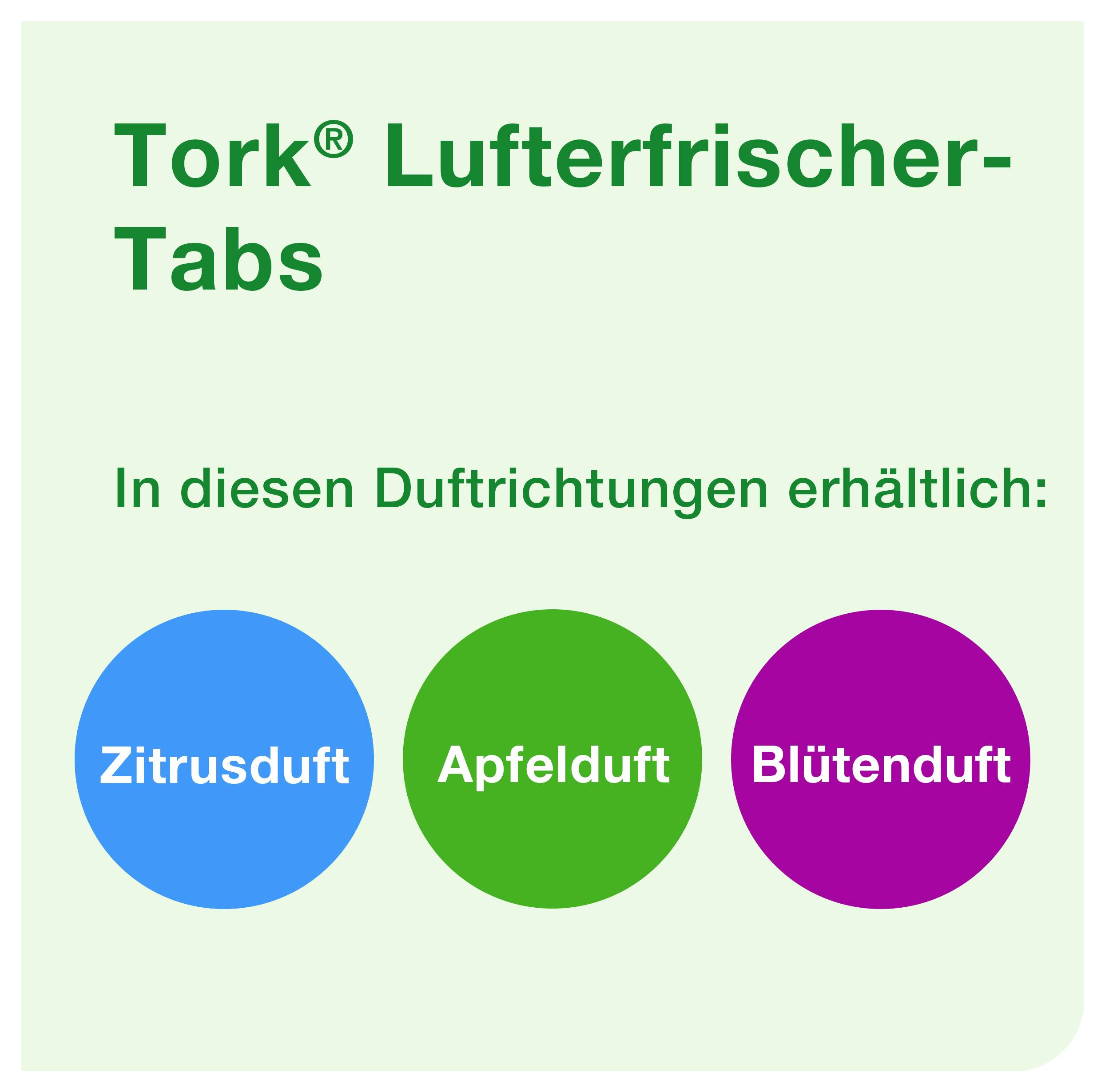 Tork Luftfrischer-Tabs; erhältlich in den Duftvarianten Zitrusduft, Apfelduft und Blütenduft.<br>
