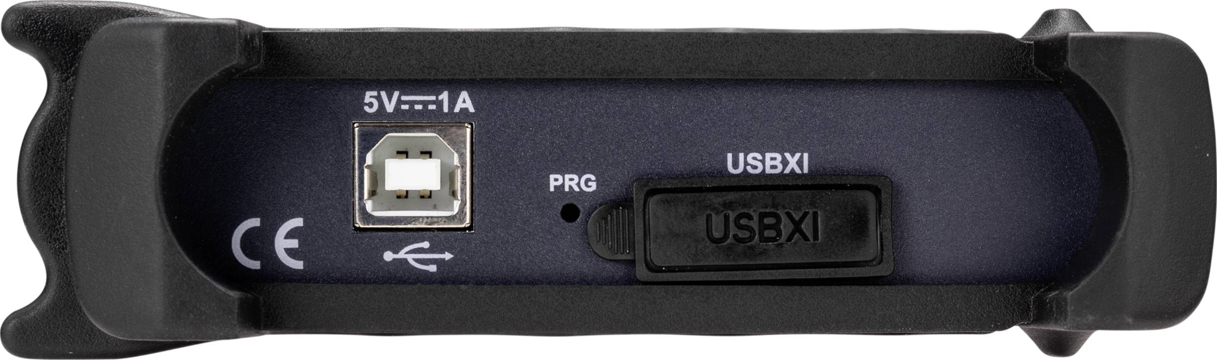 Rückseite eines USB-Geräts mit Anschlüssen: Mini-USB-Eingang '5V 1A', Programmiertaste 'PRG', USBXI-Anschluss und CE-Kennzeichnung.