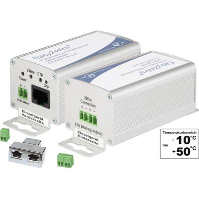 Zwei silberne Elektronikmodule zur Netzwerkverbindung über 2-Draht, mit grünen und schwarzen Steckverbindungen, Temperaturbereich von -10 bis +50 °C.