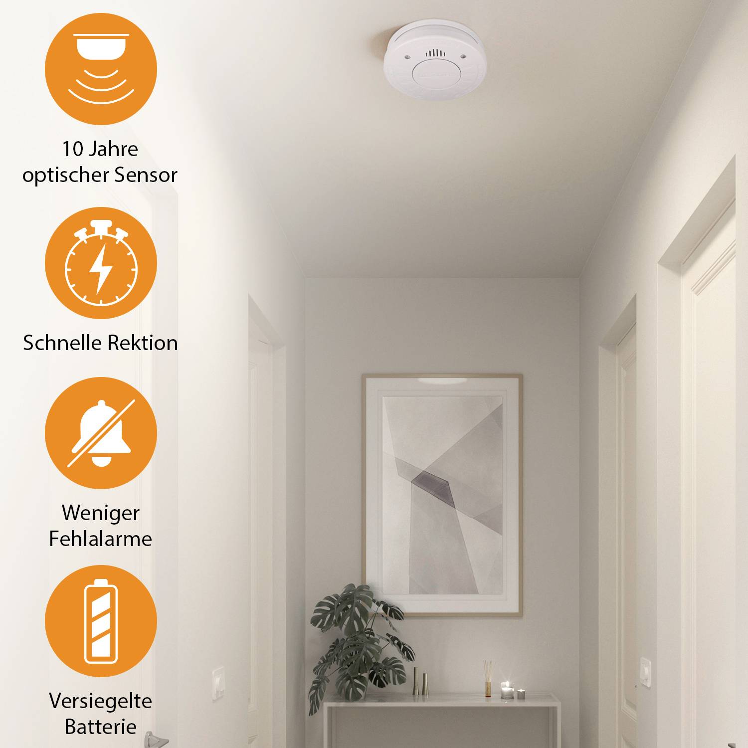 Rauchmelder an der Decke in einem Flur. Links Symbole: optischer Sensor, schnelle Reaktion, Fehlalarme, versiegelte Batterie, 10 Jahre.