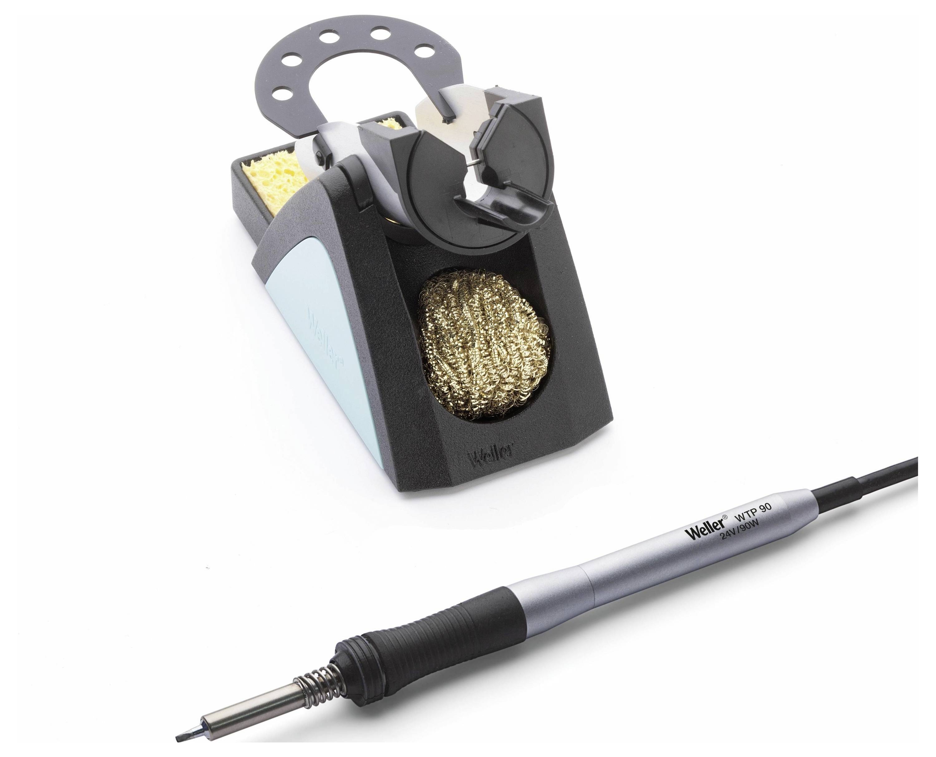 Lötkolben-Set: Lötkolben mit schwarzem Griff und Metallspitze, auf eine Lötstation mit Schwamm und Metallschwamm platziert.