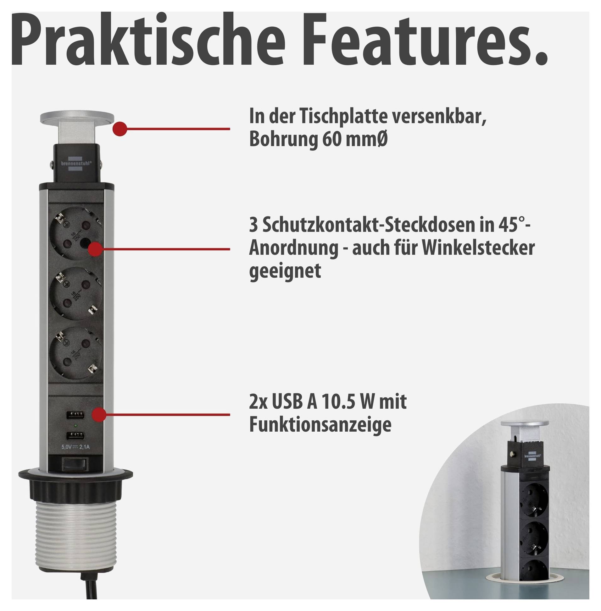 Versenkbare Tischsteckdose mit 3 Schutzkontakt-Steckdosen und 2 USB-A-Anschlüssen; Bohrung 60 mm, Funktionsanzeige, auch für Winkelstecker geeignet.<br>