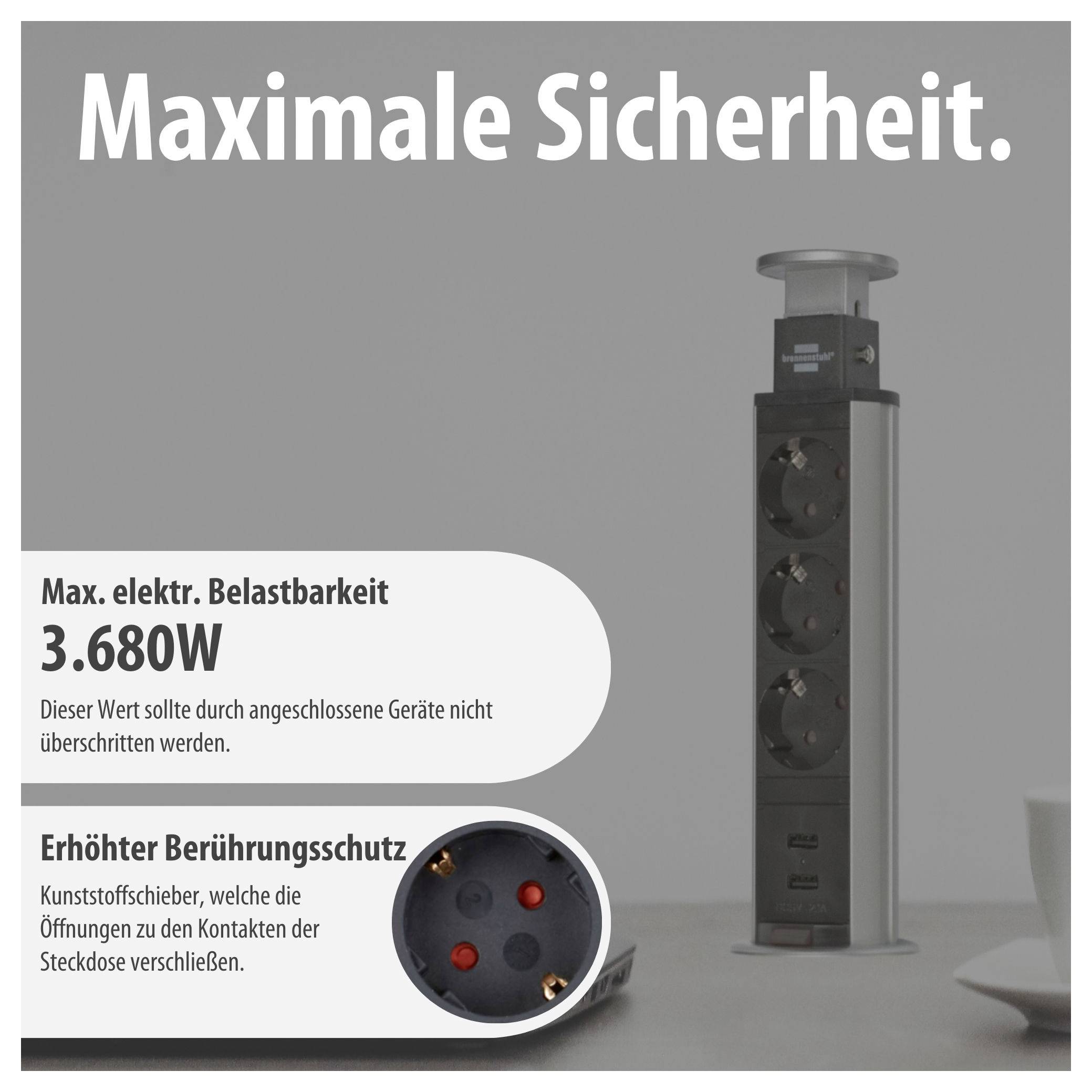 Werbeanzeige für eine Steckdosenleiste: 'Maximale Sicherheit.', max. elektrische Belastbarkeit 3.680 W und erhöhter Berührungsschutz durch Kunststoffschieber.