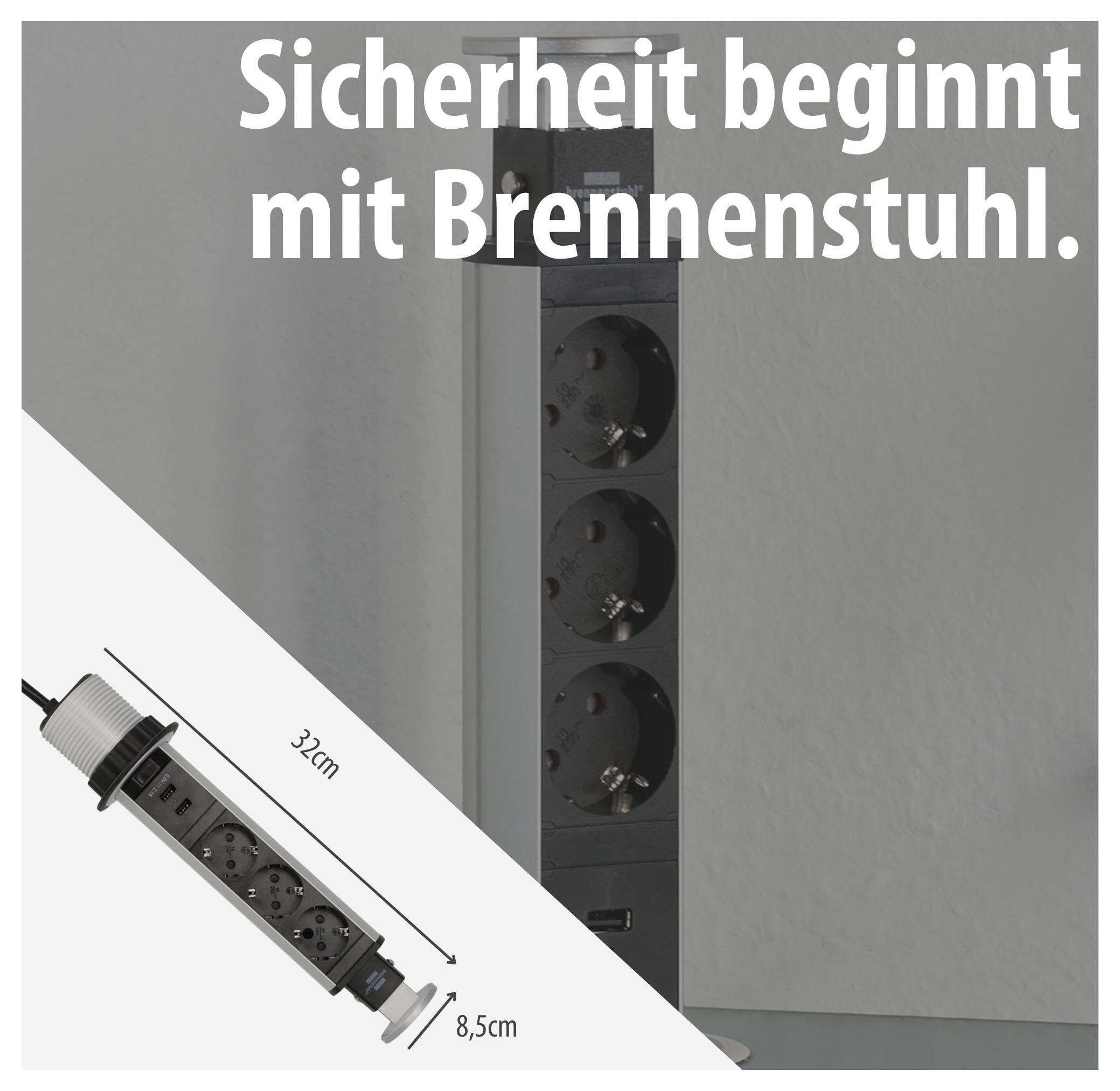 Werbegrafik für Brennenstuhl-Steckdosenleiste: vertikale Mehrfachsteckdose an der Wand, unten schräg mit Maßangaben 32 cm und 8,5 cm; Text 'Sicherheit beginnt mit Brennenstuhl.'<br>