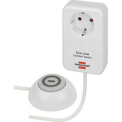 Weißer Steckerschalter mit der Bezeichnung „Eco-Line Comfort Switch" mit rundem Druckknopf und angeschlossenem Kabel.