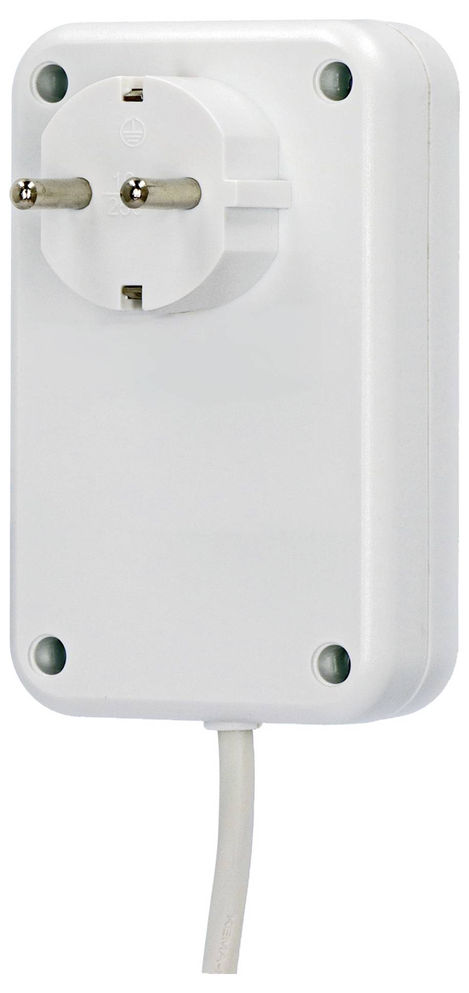 Ein weißer Elektrostecker mit rundem Design und zwei Metallstiften, angeschlossen an ein weißes Kabel.