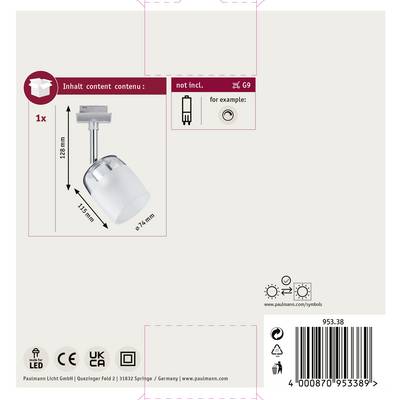 Die Verpackung zeigt einen einzelnen LED-Spot mit Schienenadapter. Maße: 74 mm Durchmesser, 129 mm Höhe. Entspricht nicht der Abbildung rechts oben.