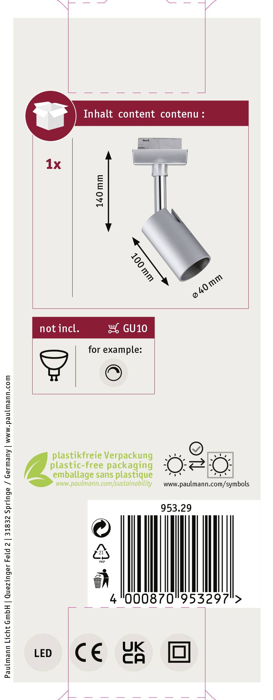 'LED Strahler, 1x, passend für GU10, Maße: 140 mm x Ø 60 mm. Beispielbild. Verpackung plastikfrei. Hersteller: Egger.'
