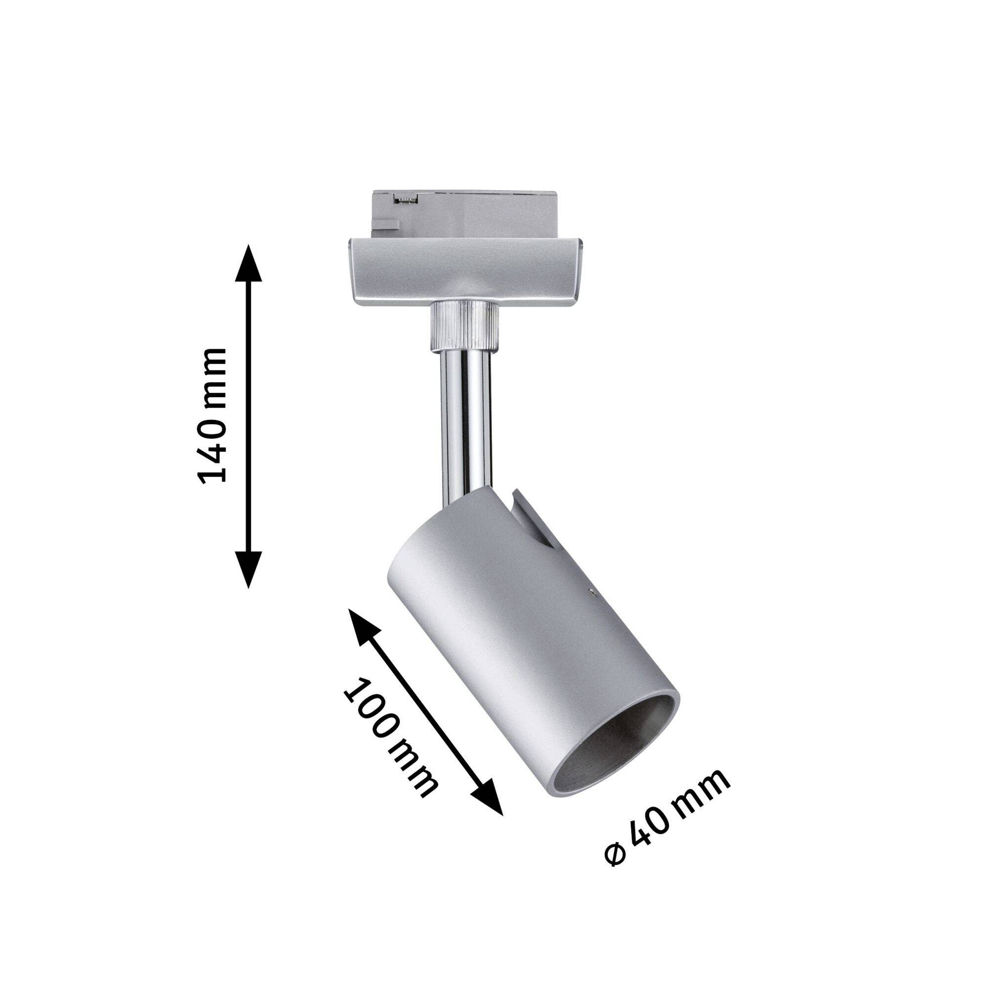 Silberner LED-Strahler mit zylindrischem Gehäuse. Maße: Höhe 140 mm, Länge 100 mm, Durchmesser 40 mm. Ideal für Akzentbeleuchtung.