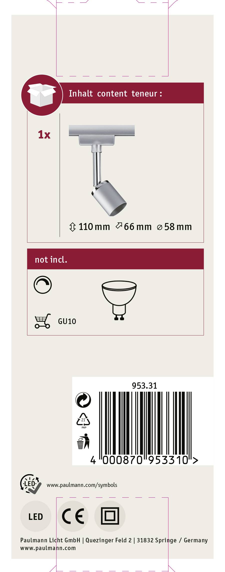 Verpackungsetikett eines LED-Strahlers: enthält ein Stück mit Maßen 110x66x58 mm, GU10-Fassung nicht enthalten. Strichcode unten.