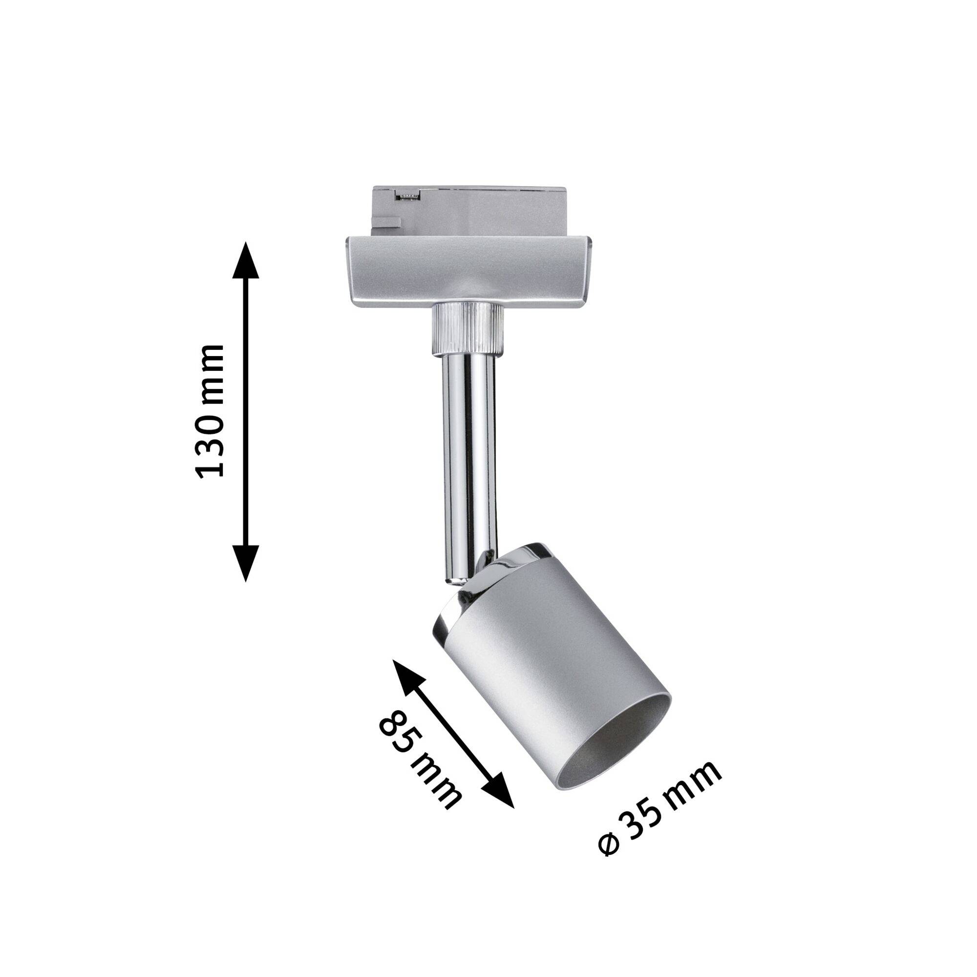LED-Spotleuchte mit silbernem Gehäuse. Maße: 130 mm Höhe, 85 mm Länge, Durchmesser 35 mm. Verstellbarer Lichtwinkel.