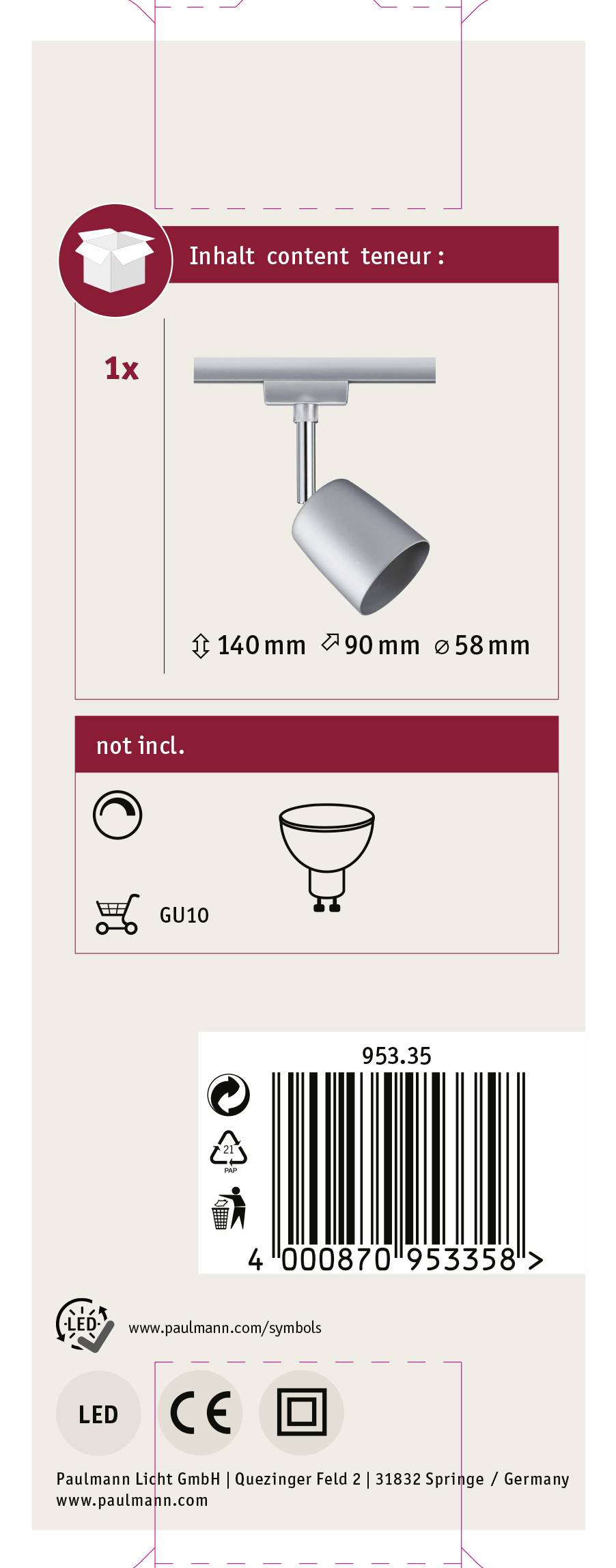 Verpackungsrückseite einer Leuchte mit technischen Details: enthält eine Lampe mit 140 mm Höhe, 90 mm Durchmesser und GU10-Fassung.