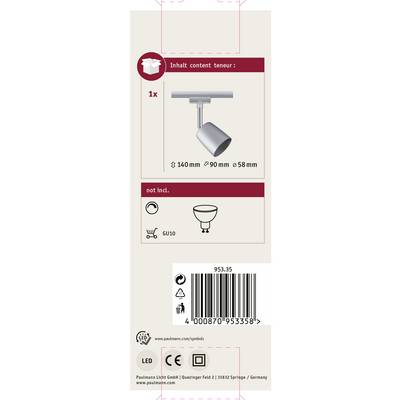 Verpackungsrückseite einer Leuchte mit technischen Details: enthält eine Lampe mit 140 mm Höhe, 90 mm Durchmesser und GU10-Fassung.