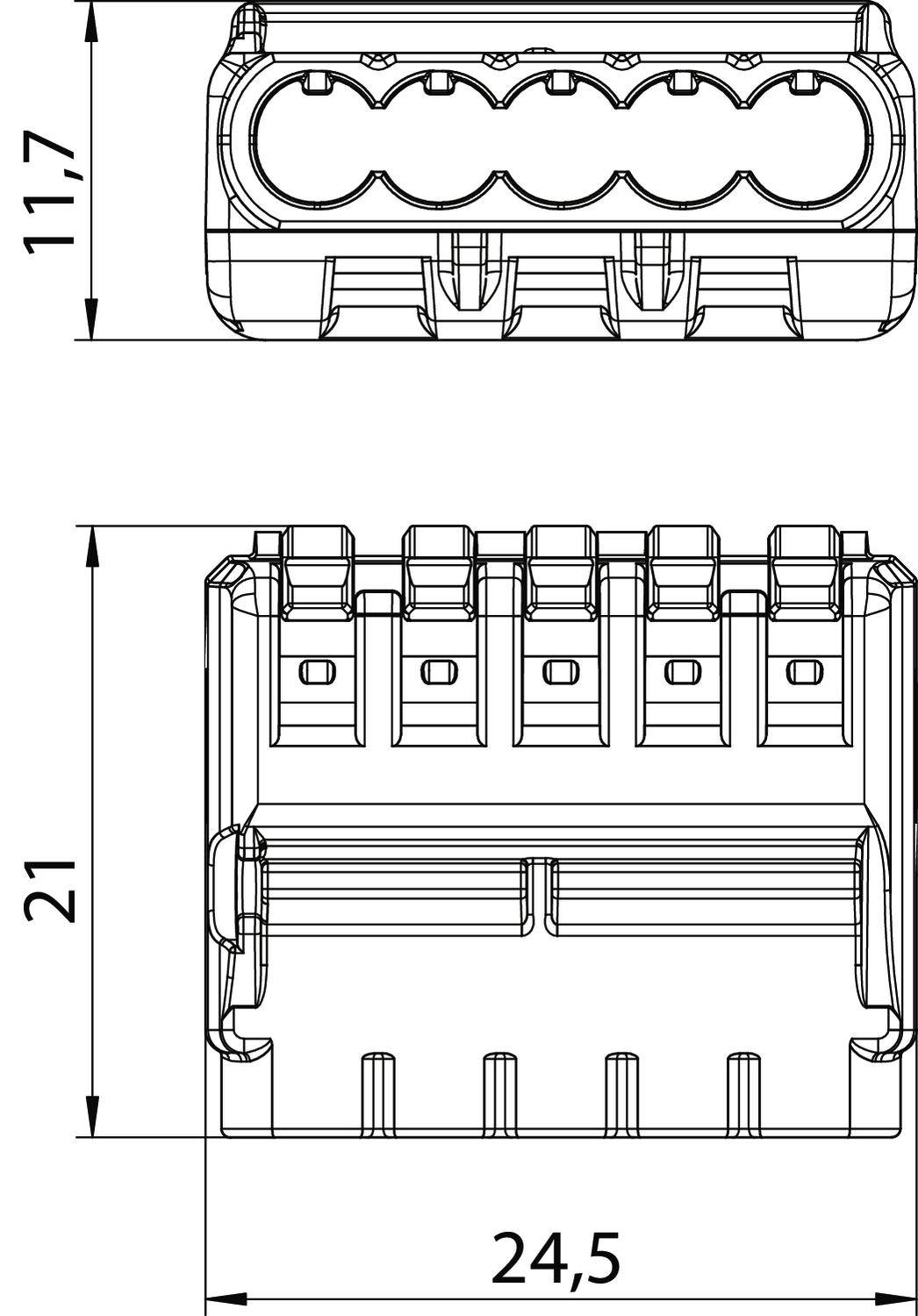 Steckverbinder-Diagramm mit Maßen: Oben 11,7 mm, seitlich 21 mm und unten 24,5 mm. Zeigt Detailanschlüsse und Umrisse.