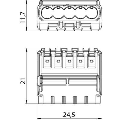 Steckverbinder-Diagramm mit Maßen: Oben 11,7 mm, seitlich 21 mm und unten 24,5 mm. Zeigt Detailanschlüsse und Umrisse.
