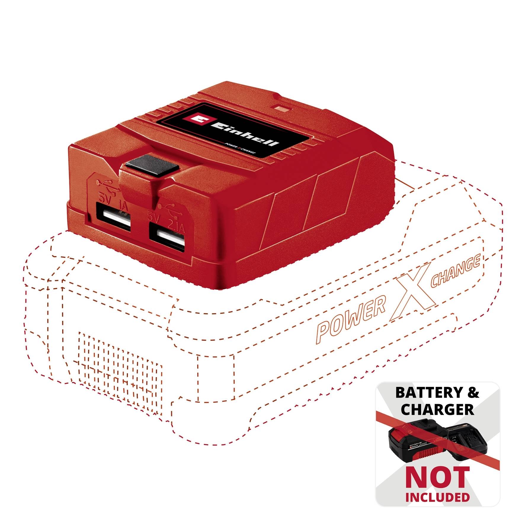 Rotes USB-Ladegerät auf einem gestrichelten Batterieumriss. Text: 'Battery & Charger NOT included' zeigt, dass Batterie fehlt.