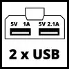 '2 x USB': Zwei USB-Anschlüsse, einer mit 5V 1A und der andere mit 5V 2.1A, auf weißem Hintergrund.