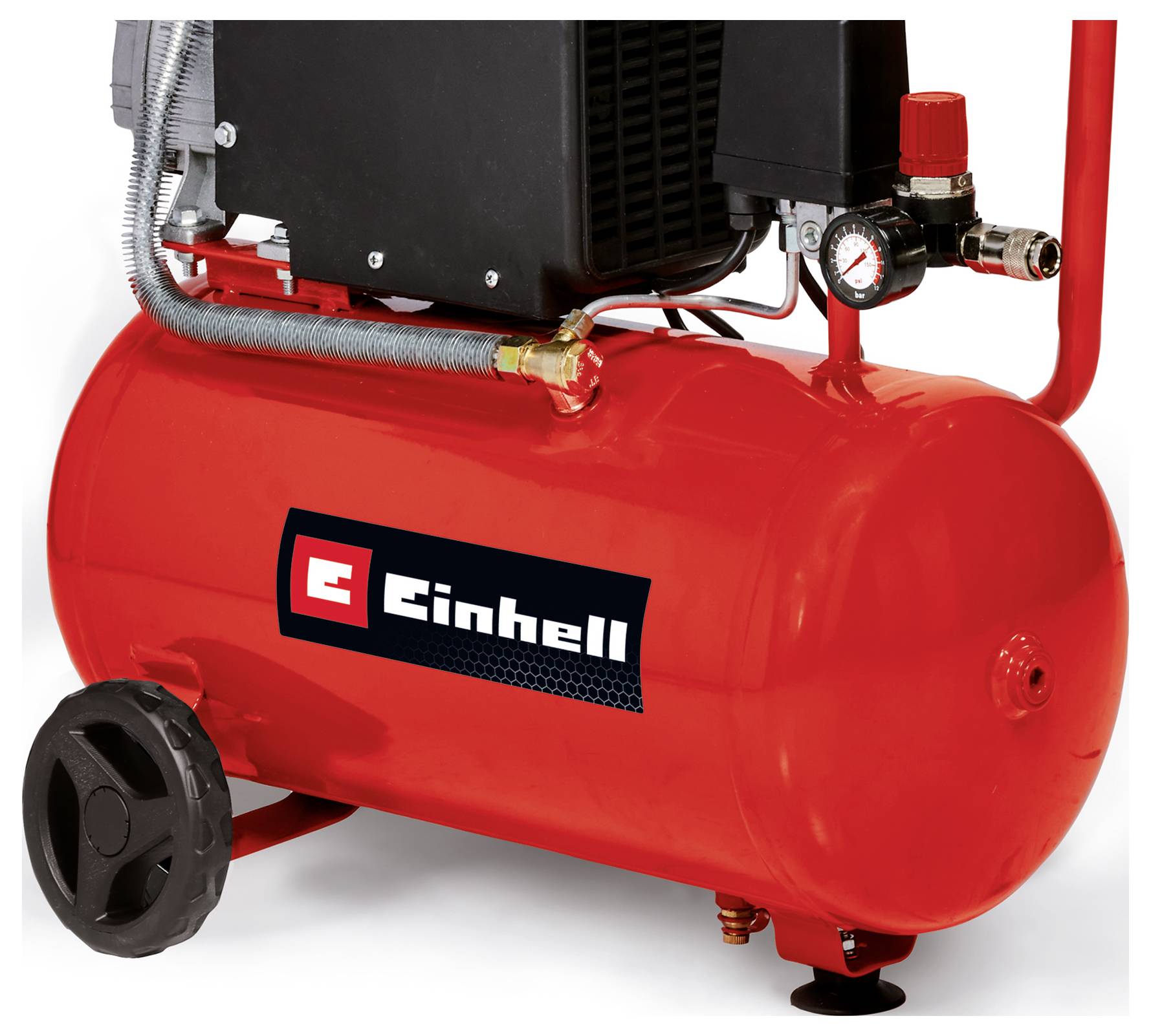 Rote Einhell Luftpumpe mit Tank, Druckmesser, Schlauchanschlüssen und Rollen auf weißem Hintergrund.