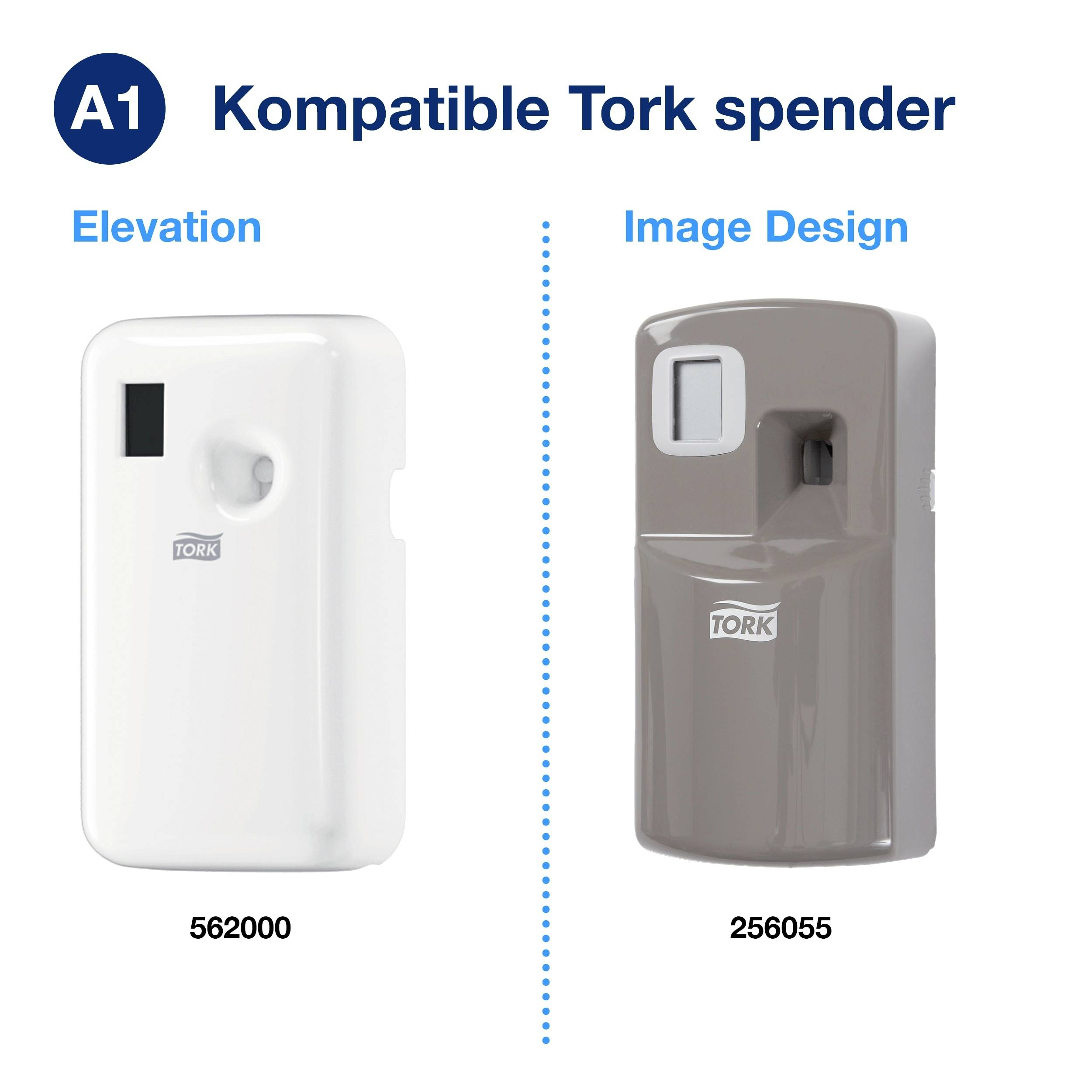'Kompatible Tork spender'. Zwei Spender, links weiß ('562000'), rechts grau ('256055'). Beide mit Tork-Logo.
