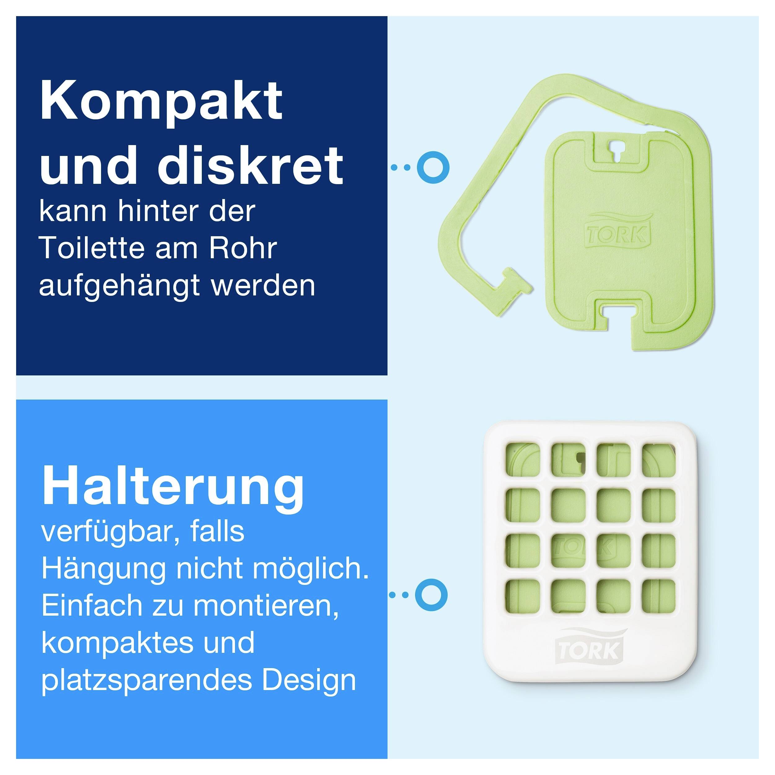 'Kompakt und diskret, kann hinter der Toilette am Rohr aufgehängt werden. Halterung verfügbar, falls Hängung nicht möglich.'