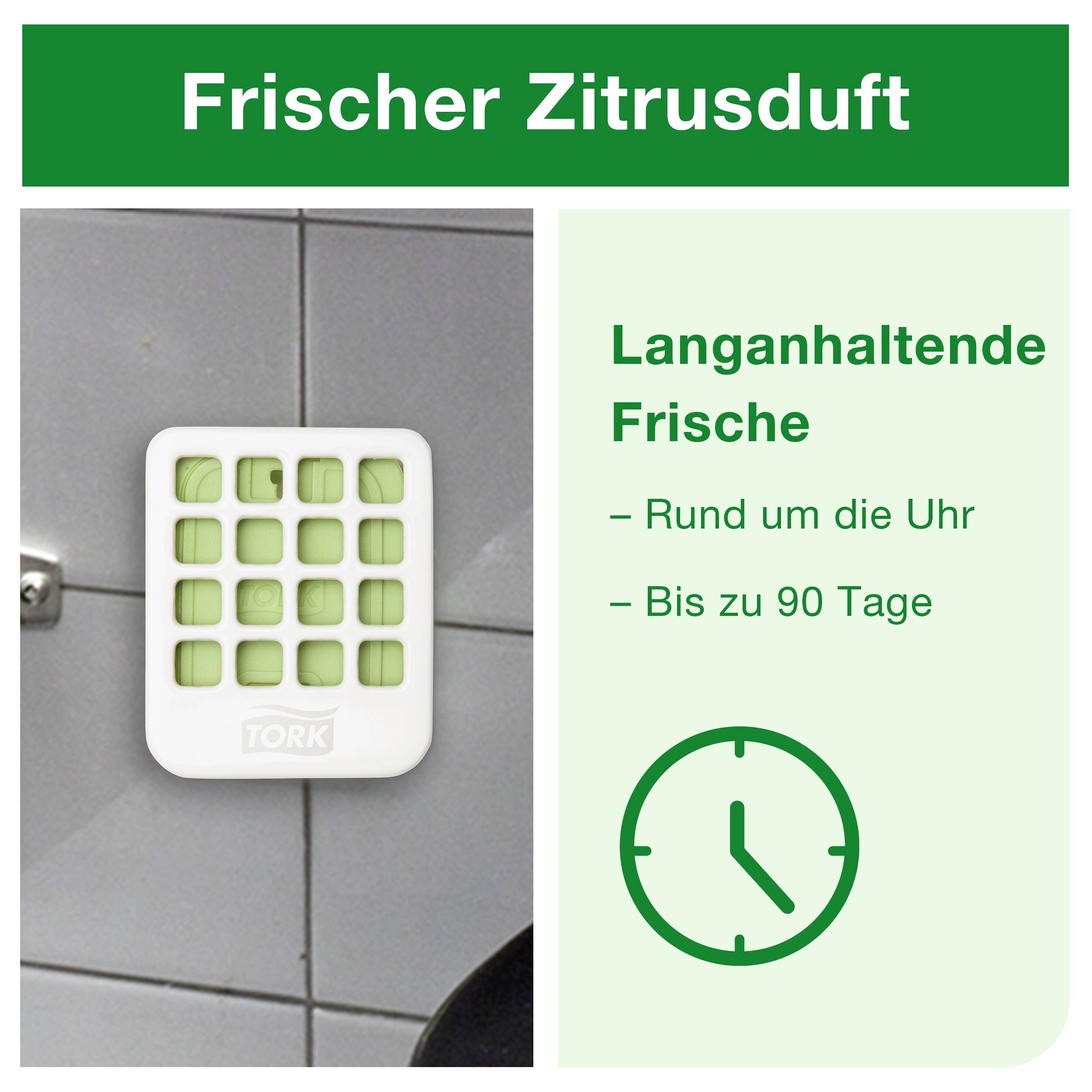 Ein Duftspender an der Wand sorgt für frischen Zitrusduft. Text: 'Langanhaltende Frische - Rund um die Uhr - Bis zu 90 Tage'.