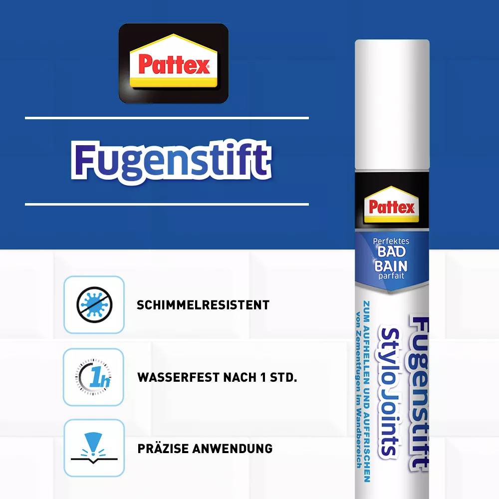 Fugenstift von Pattex mit Eigenschaften: 'Schimmelresistent', 'Wasserfest nach 1 Std.', 'Präzise Anwendung' ideal für Fugenpflege.