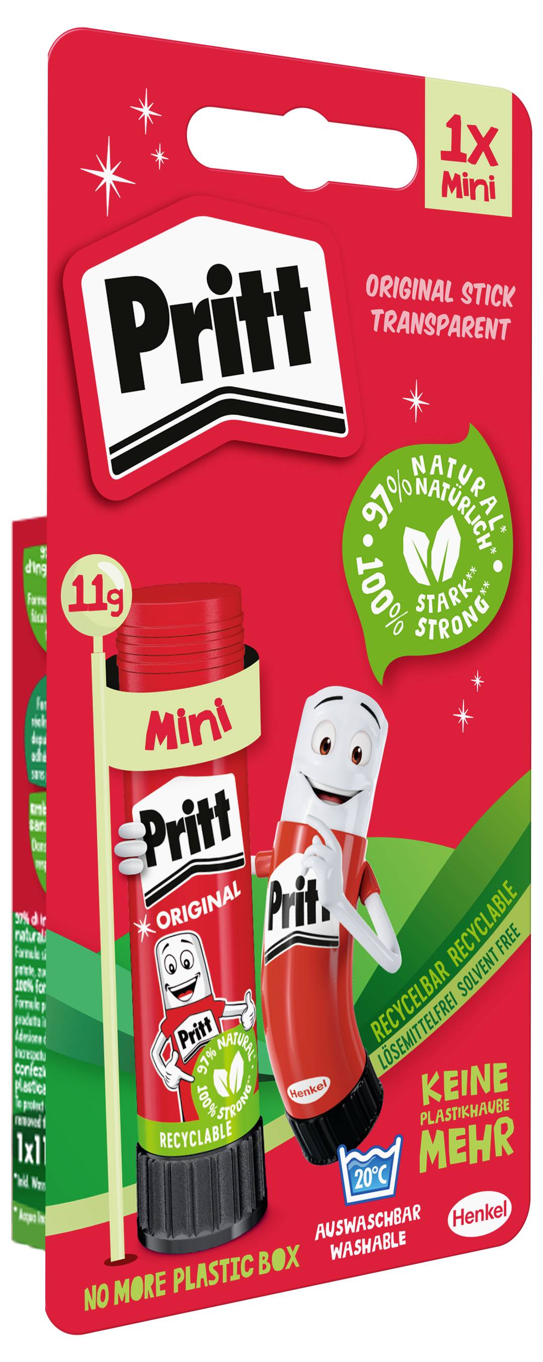 Mini Pritt Klebestift transparent. Etikett hebt hervor: '97% natürliche Inhaltsstoffe' und recycelte Materialien. Enthält einen 11g Stick.