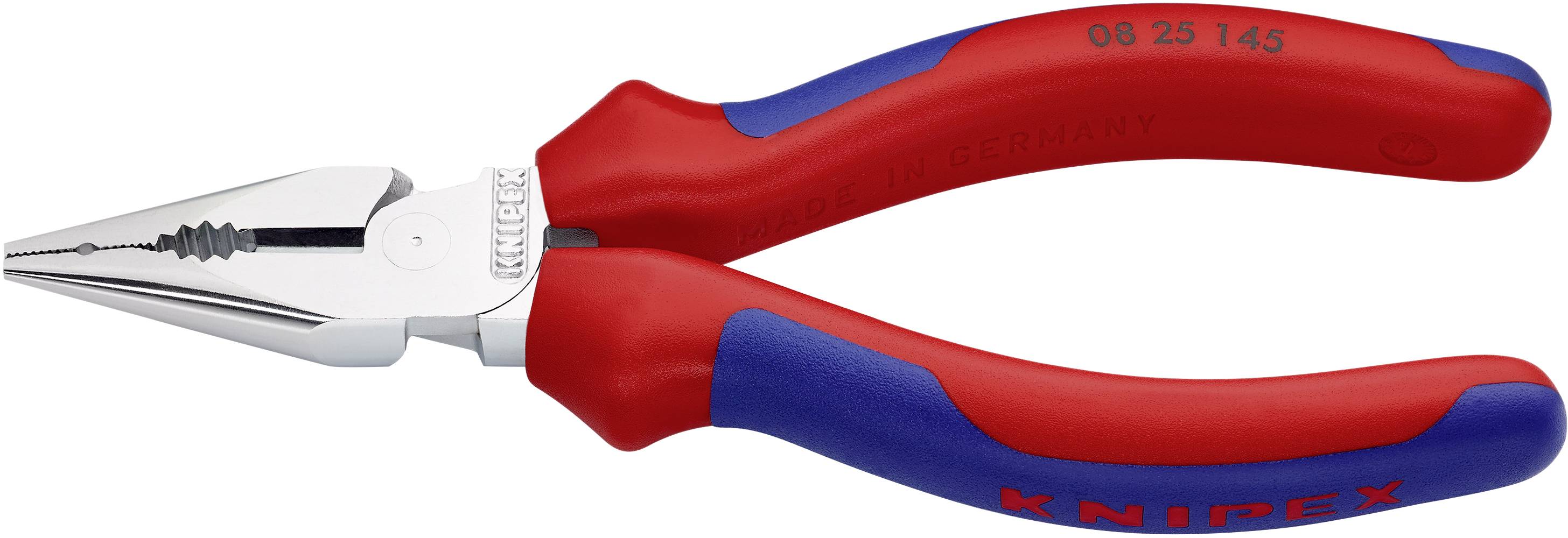 Eine rote und blaue Kombizange mit scharfer Spitze, geeignet zum Greifen, Biegen und Schneiden von Draht und Kabeln.