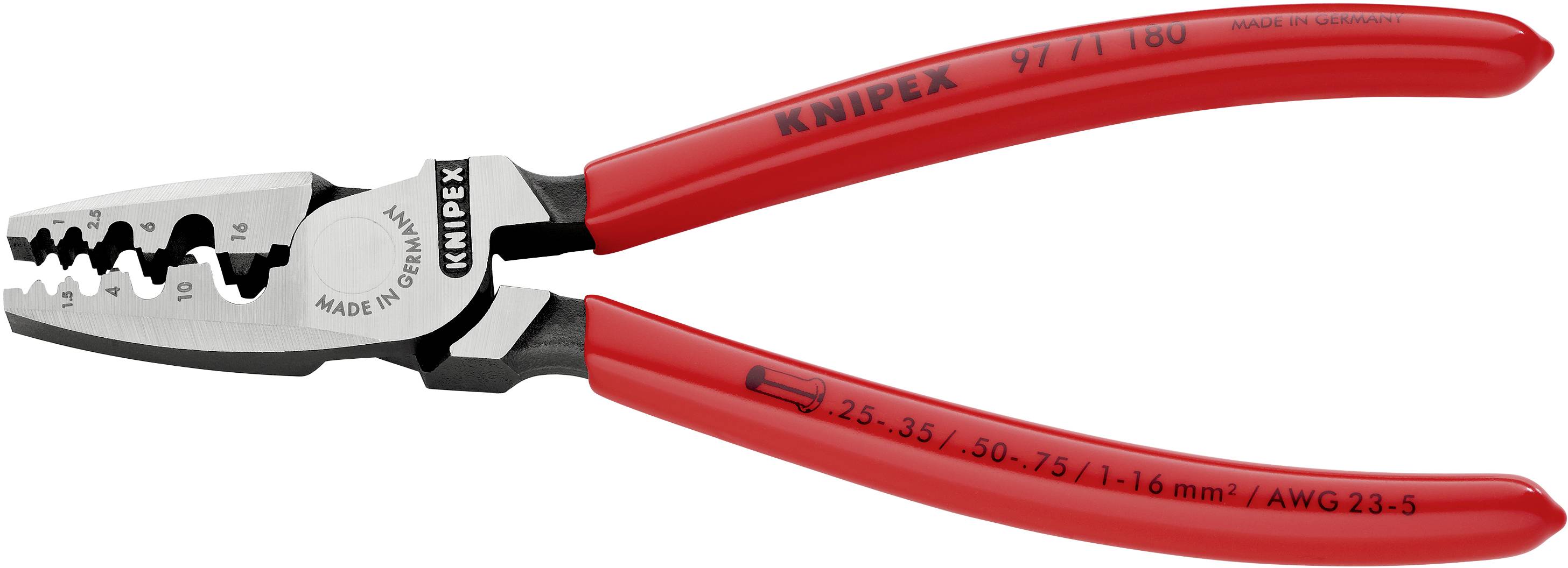Eine rote Abisolierzange mit mehreren Schneide- und Abisolieröffnungen, Marke Knipex, geeignet für Kabel mit bestimmten Durchmessern.