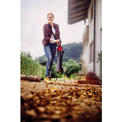 Eine Person säubert mit einem Laubbläser einen Weg neben einem Haus im Herbst. Die Umgebung ist ländlich mit grüner Vegetation.