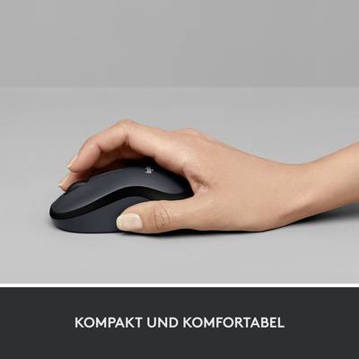 Eine Hand hält eine schwarze, kabellose Computermaus vor grauem Hintergrund. Text unten: 'Kompakt und komfortabel'.