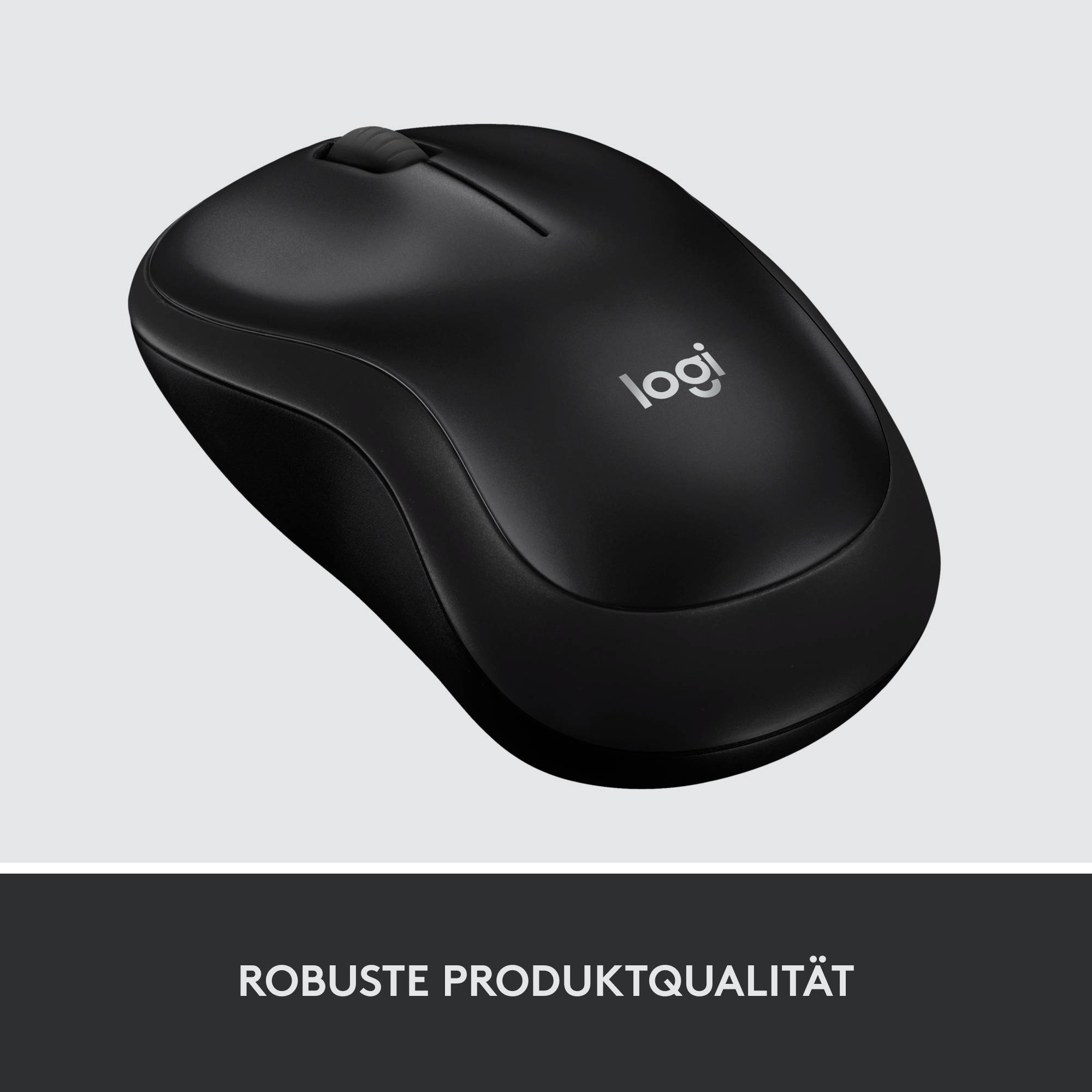 Eine schwarze Computermaus mit dem Logo 'logi', darunter der Text 'Robuste Produktqualität' auf grauem Hintergrund.