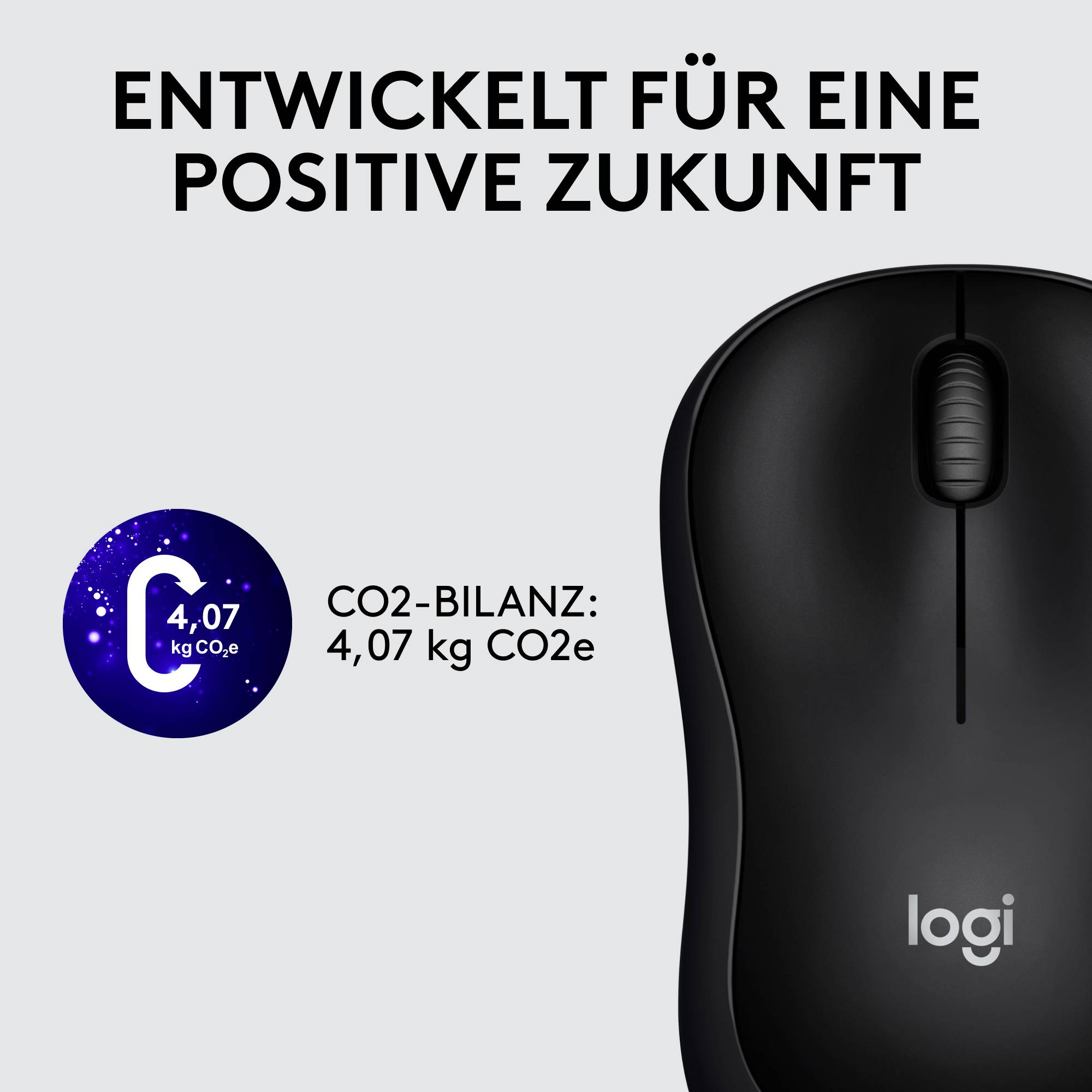 Eine schwarze Computermaus mit dem Logo 'logi' und Text 'Entwickelt für eine positive Zukunft'. CO2-Bilanz: 4,07 kg CO2e.