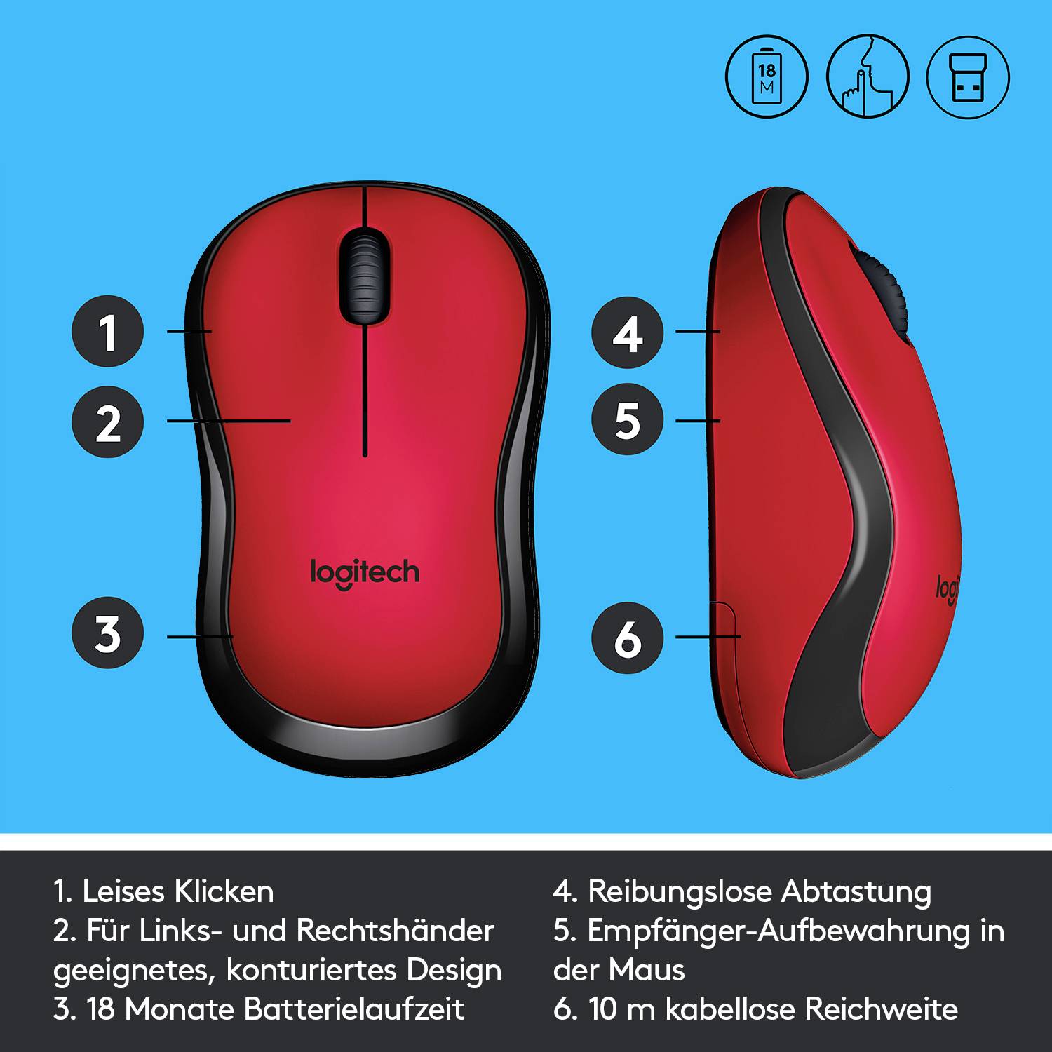 Logitech M220 Silent Maus Funk Optisch Rot 3 Tasten 1000 dpi-8